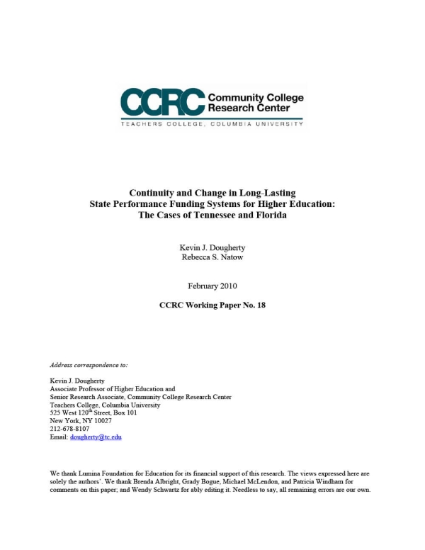 Continuity and Change in Long-Lasting State Performance Funding Systems for Higher Education: The Cases of Tennessee and Florida