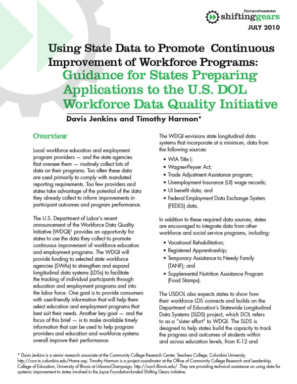 Using State Data to Promote Continuous Improvement of Workforce Programs: Guidance for States Preparing Applications to the U.S. DOL Workforce Data Quality Initiative