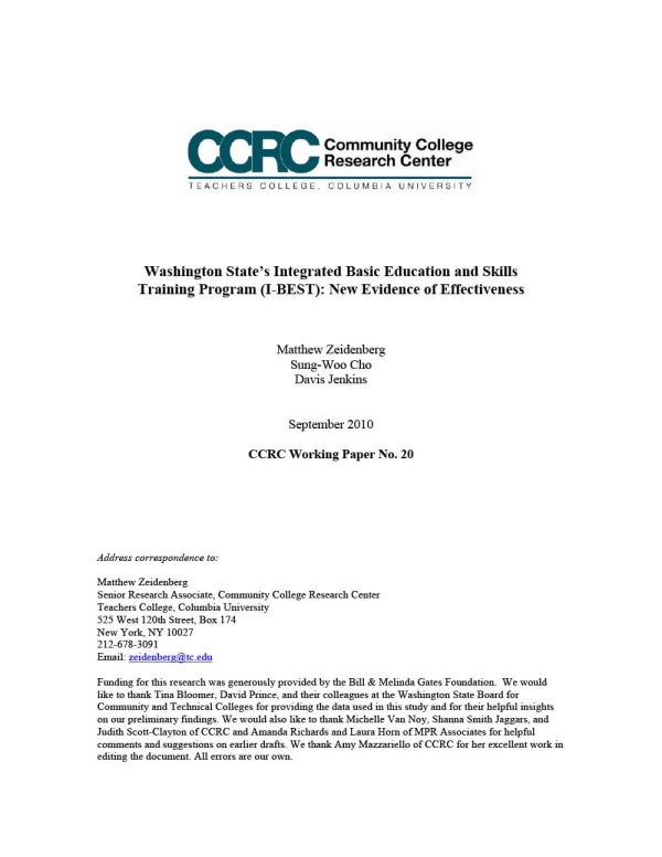 Washington State’s Integrated Basic Education and Skills Training Program (I-BEST): New Evidence of Effectiveness