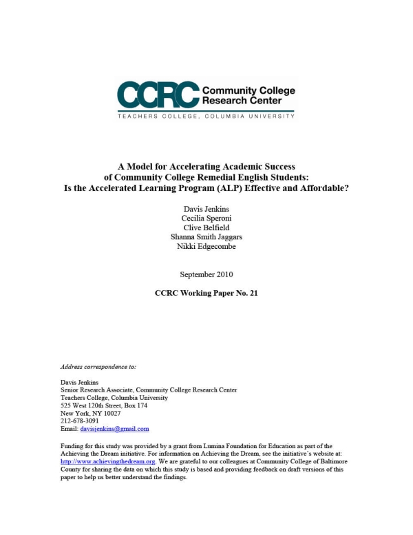 A Model for Accelerating Academic Success of Community College Remedial English Students: Is the Accelerated Learning Program (ALP) Effective and Affordable?