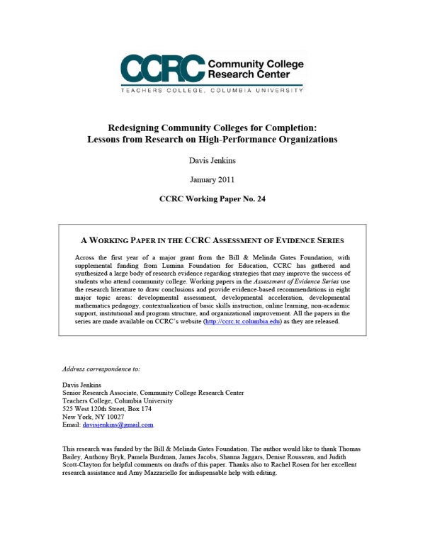 Redesigning Community Colleges for Completion: Lessons From Research on High-Performance Organizations (Assessment of Evidence Series)