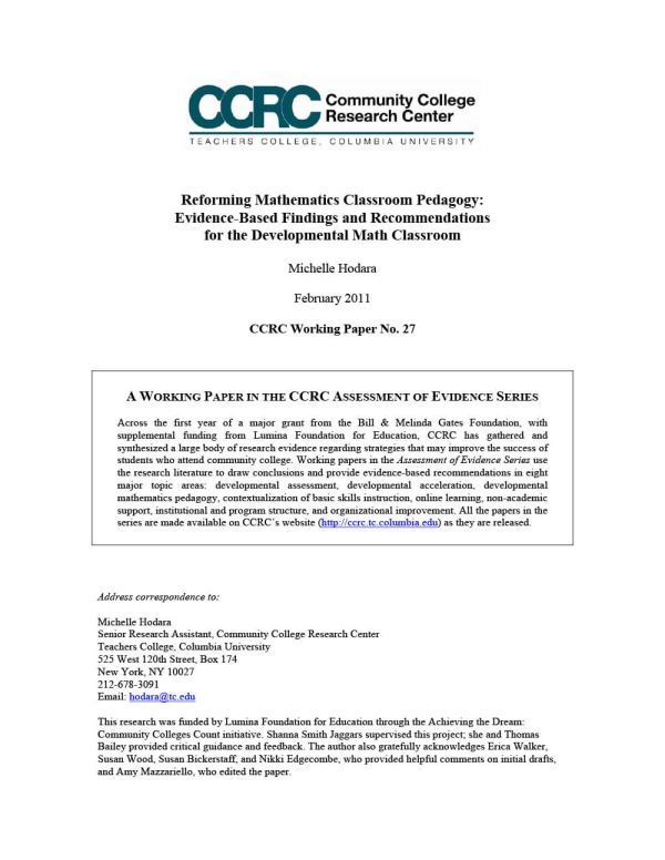 Reforming Mathematics Classroom Pedagogy: Evidence-Based Findings and Recommendations for the Developmental Math Classroom (Assessment of Evidence Series)