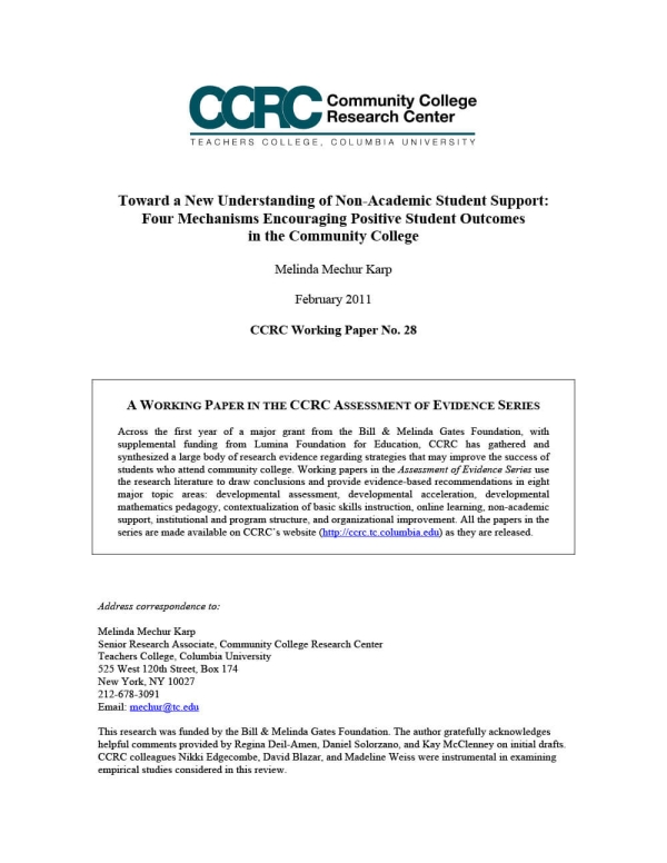 Toward a New Understanding of Non-Academic Student Support: Four Mechanisms Encouraging Positive Student Outcomes in the Community College (Assessment of Evidence Series)