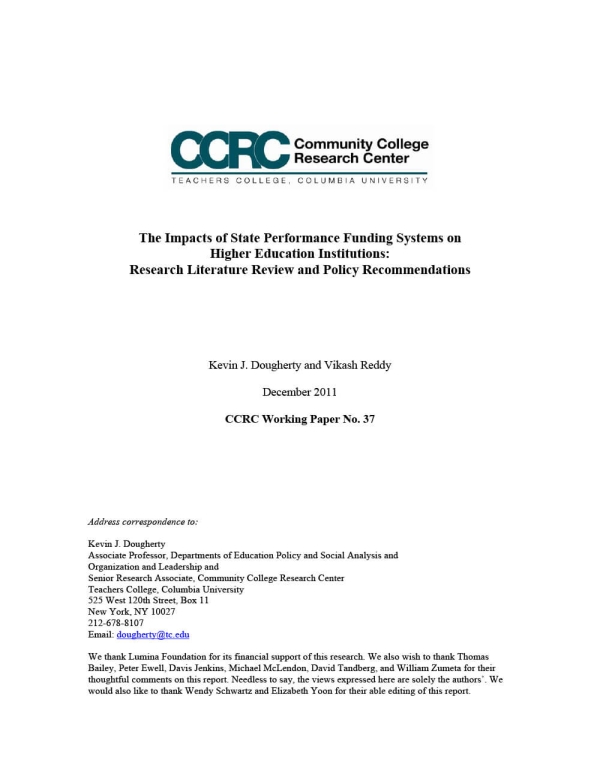 The Impacts of State Performance Funding Systems on Higher Education Institutions: Research Literature Review and Policy Recommendations