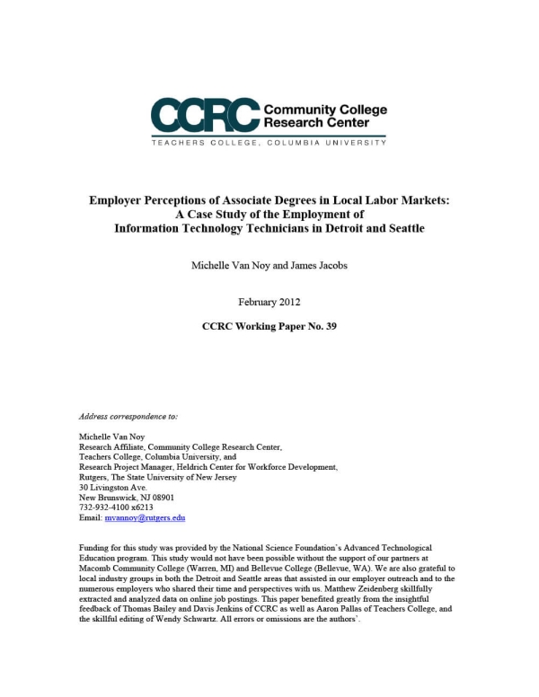 Employer Perceptions of Associate Degrees in Local Labor Markets: A Case Study of the Employment of Information Technology Technicians in Detroit and Seattle