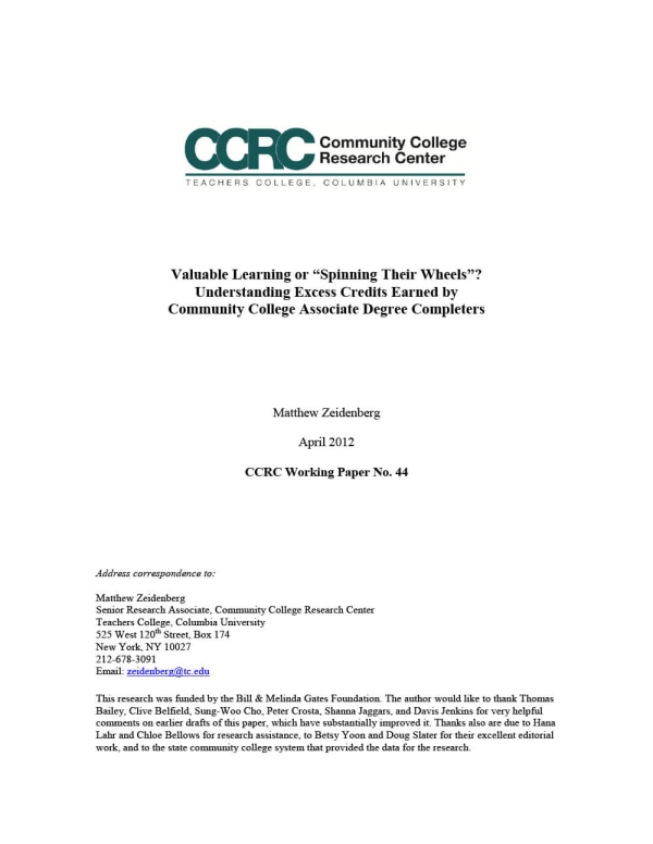 Valuable Learning or “Spinning Their Wheels”? Understanding Excess Credits Earned by Community College Associate Degree Completers