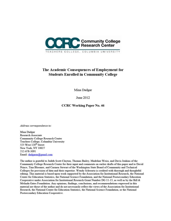 The Academic Consequences of Employment for Students Enrolled in Community College