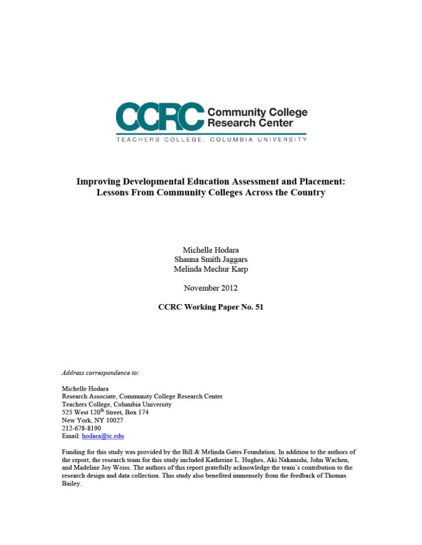 Improving Developmental Education Assessment and Placement: Lessons From Community Colleges Across the Country