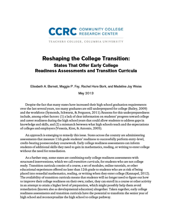 Reshaping the College Transition: States That Offer Early College Readiness Assessments and Transition Curricula