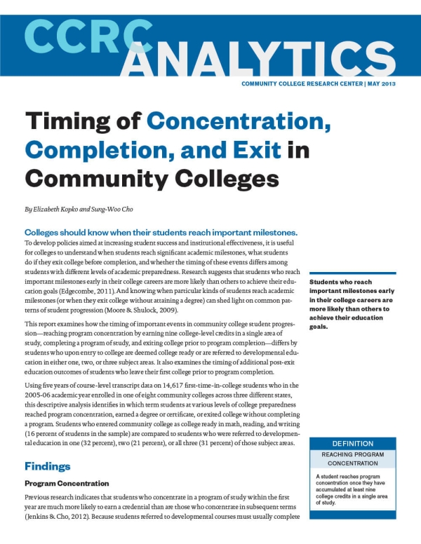 Timing of Concentration, Completion, and Exit in Community Colleges