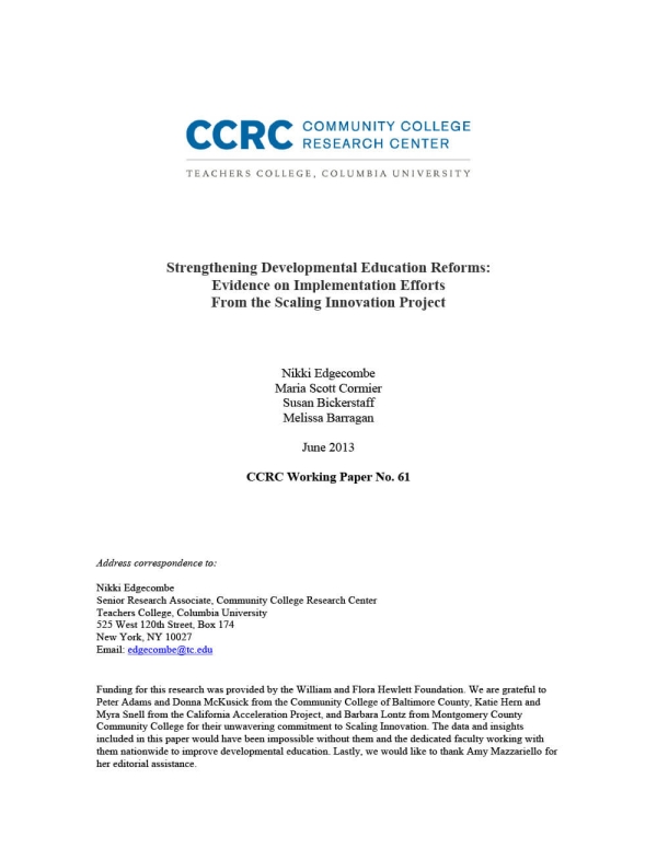 Strengthening Developmental Education Reforms: Evidence on Implementation Efforts From the Scaling Innovation Project