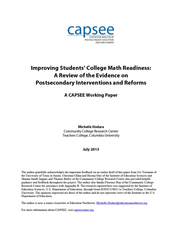 Improving Students’ College Math Readiness: A Review of the Evidence on Postsecondary Interventions and Reforms