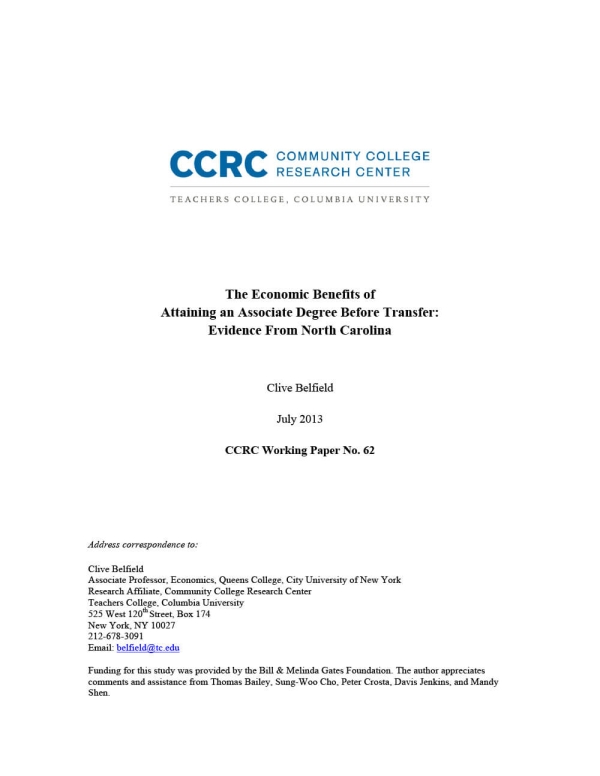 The Economic Benefits of Attaining an Associate Degree Before Transfer: Evidence From North Carolina