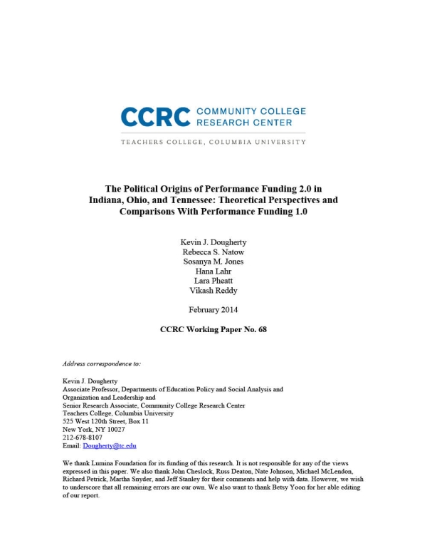 The Political Origins of Performance Funding 2.0 in Indiana, Ohio, and Tennessee: Theoretical Perspectives and Comparisons With Performance Funding 1.0