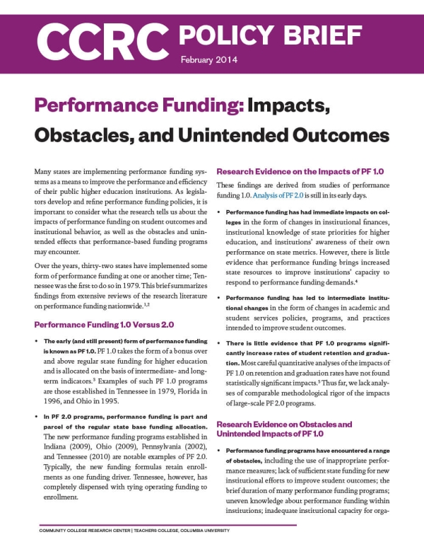 Performance Funding: Impacts, Obstacles, and Unintended Outcomes