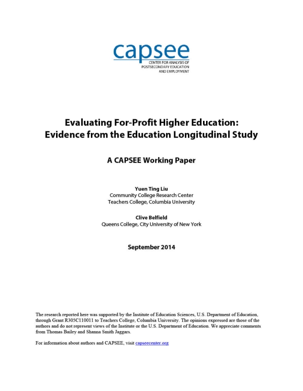 Evaluating For-Profit Higher Education: Evidence From the Education Longitudinal Study