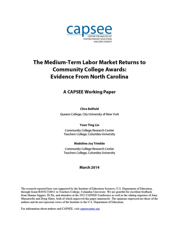 The Medium-Term Labor Market Returns to Community College Awards: Evidence From North Carolina