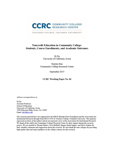 Noncredit Education in Community College: Students, Course Enrollments, and Academic Outcomes