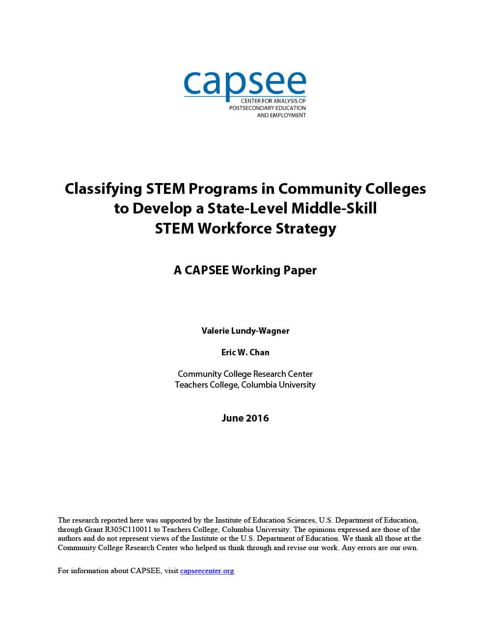 Classifying STEM Programs in Community Colleges to Develop a State-Level Middle-Skill STEM Workforce Strategy