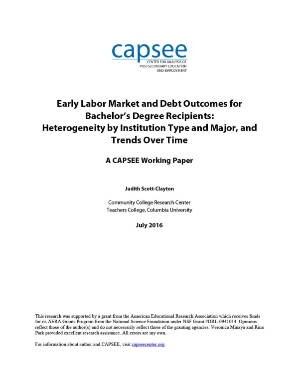 Early Labor Market and Debt Outcomes for Bachelor’s Degree Recipients: Heterogeneity by Institution Type and Major, and Trends Over Time