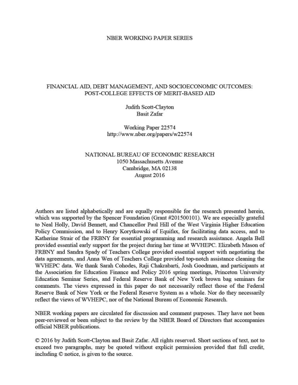 Financial Aid, Debt Management, and Socioeconomic Outcomes: Post-College Effects of Merit-Based Aid