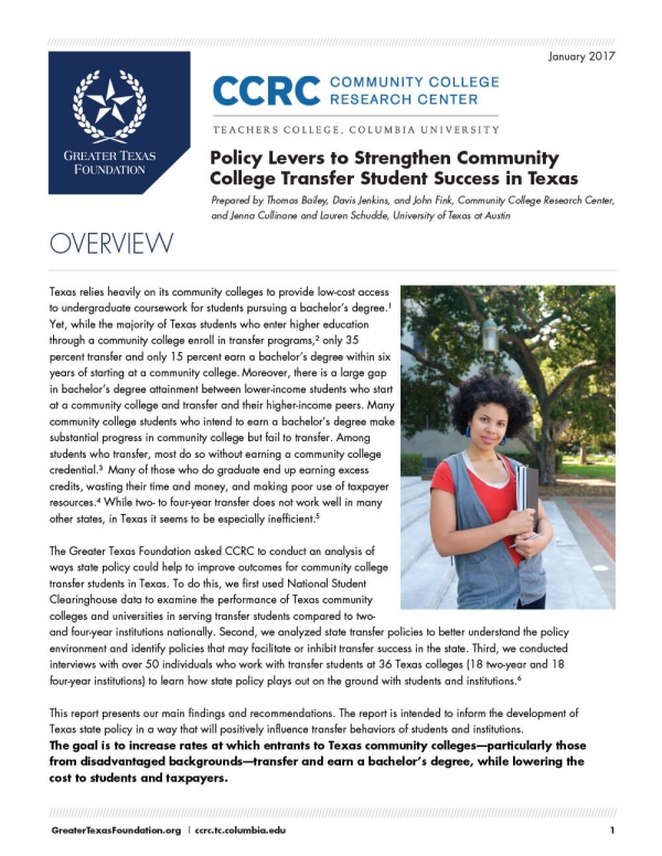 Policy Levers to Strengthen Community College Transfer Student Success in Texas