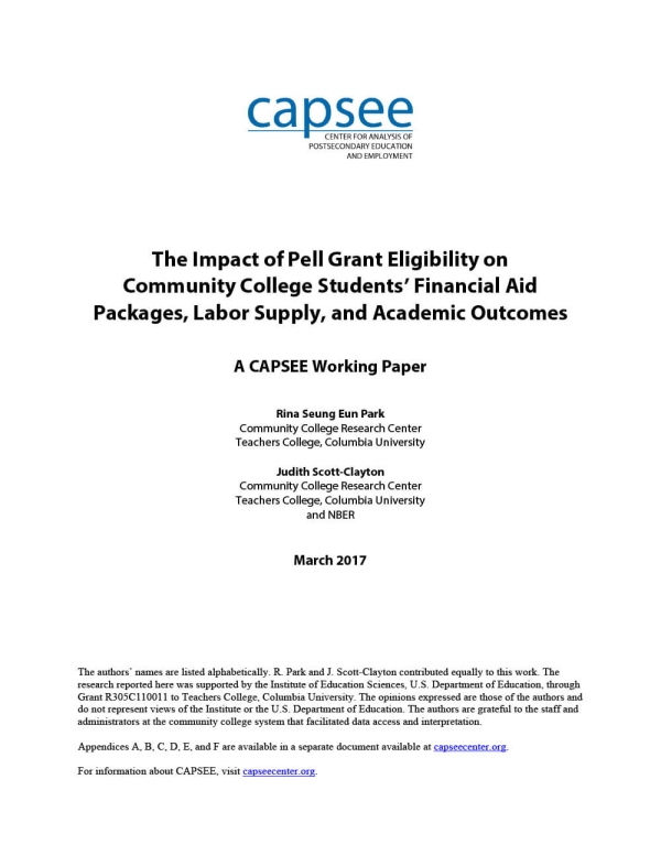 The Impact of Pell Grant Eligibility on Community College Students’ Financial Aid Packages, Labor Supply, and Academic Outcomes