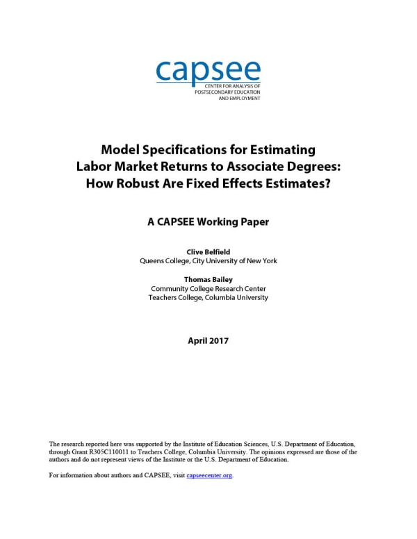 Model Specifications for Estimating Labor Market Returns to Associate Degrees: How Robust Are Fixed Effects Estimates?