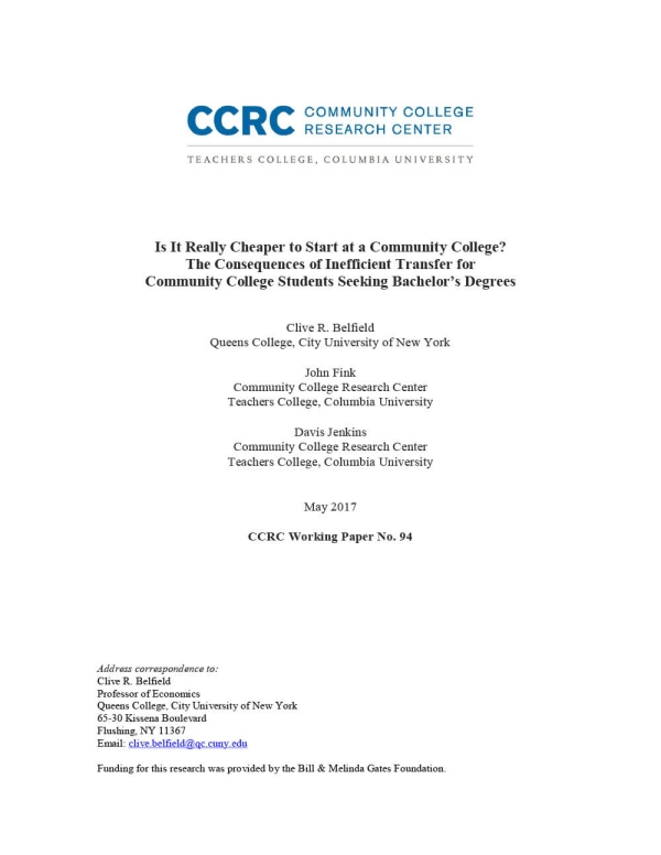 Is It Really Cheaper to Start at a Community College?  The Consequences of Inefficient Transfer for Community College Students Seeking Bachelor’s Degrees