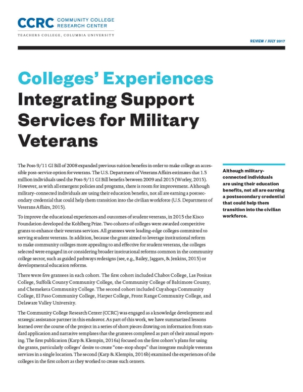 Colleges’ Experiences Integrating Support Services for Military Veterans