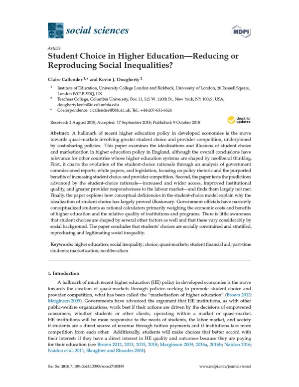 Student Choice in Higher Education—Reducing or Reproducing Social Inequalities?