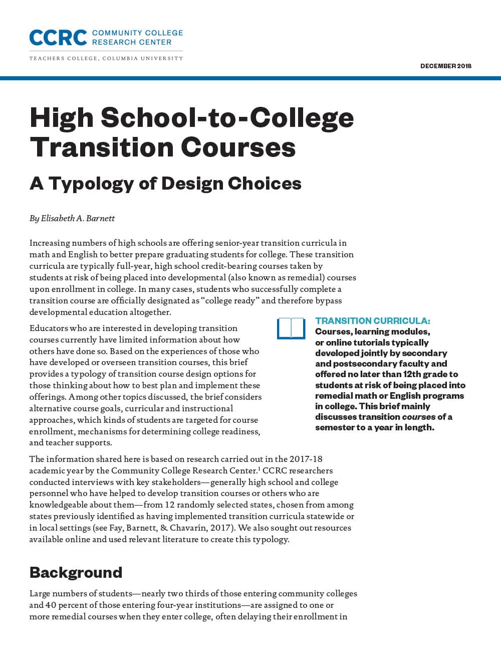 High School-to-College Transition Courses: A Typology of Design Choices