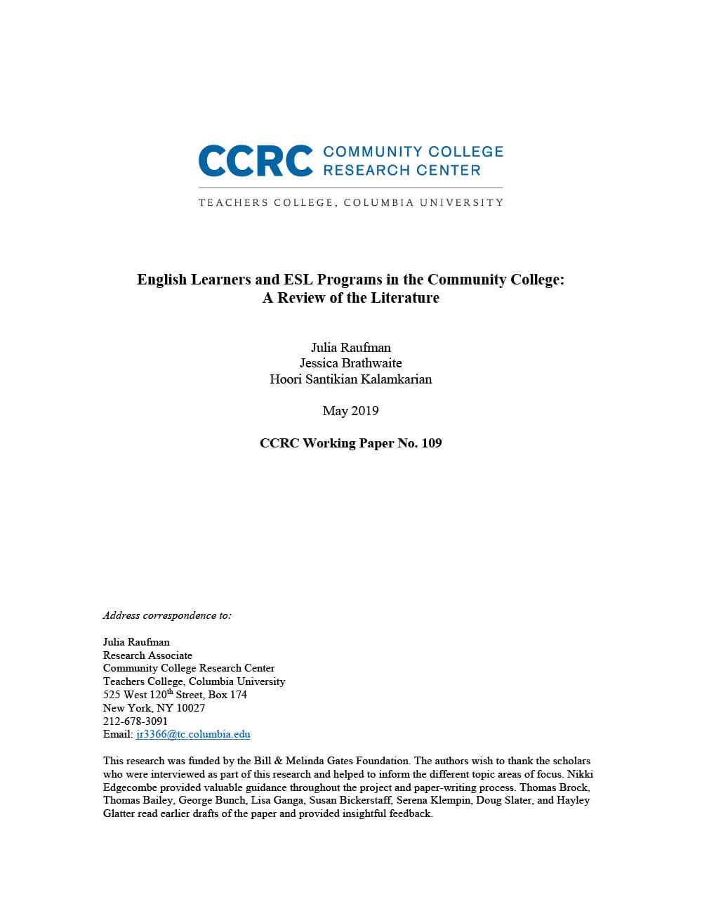 English Learners and ESL Programs in the Community College: A Review of the Literature