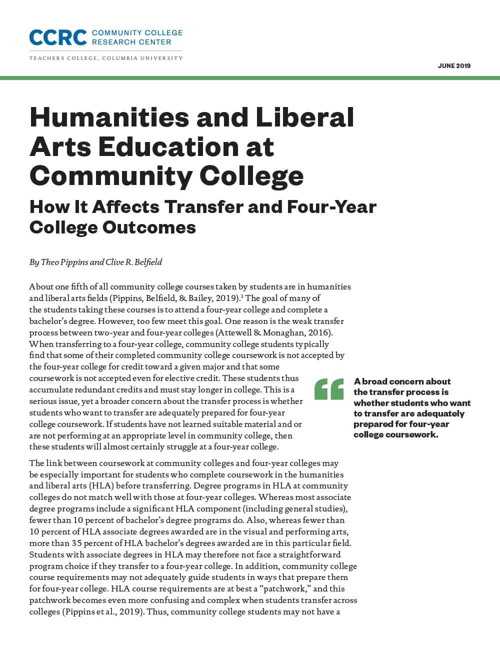 Humanities and Liberal Arts Education at Community College: How It Affects Transfer and Four-Year College Outcomes