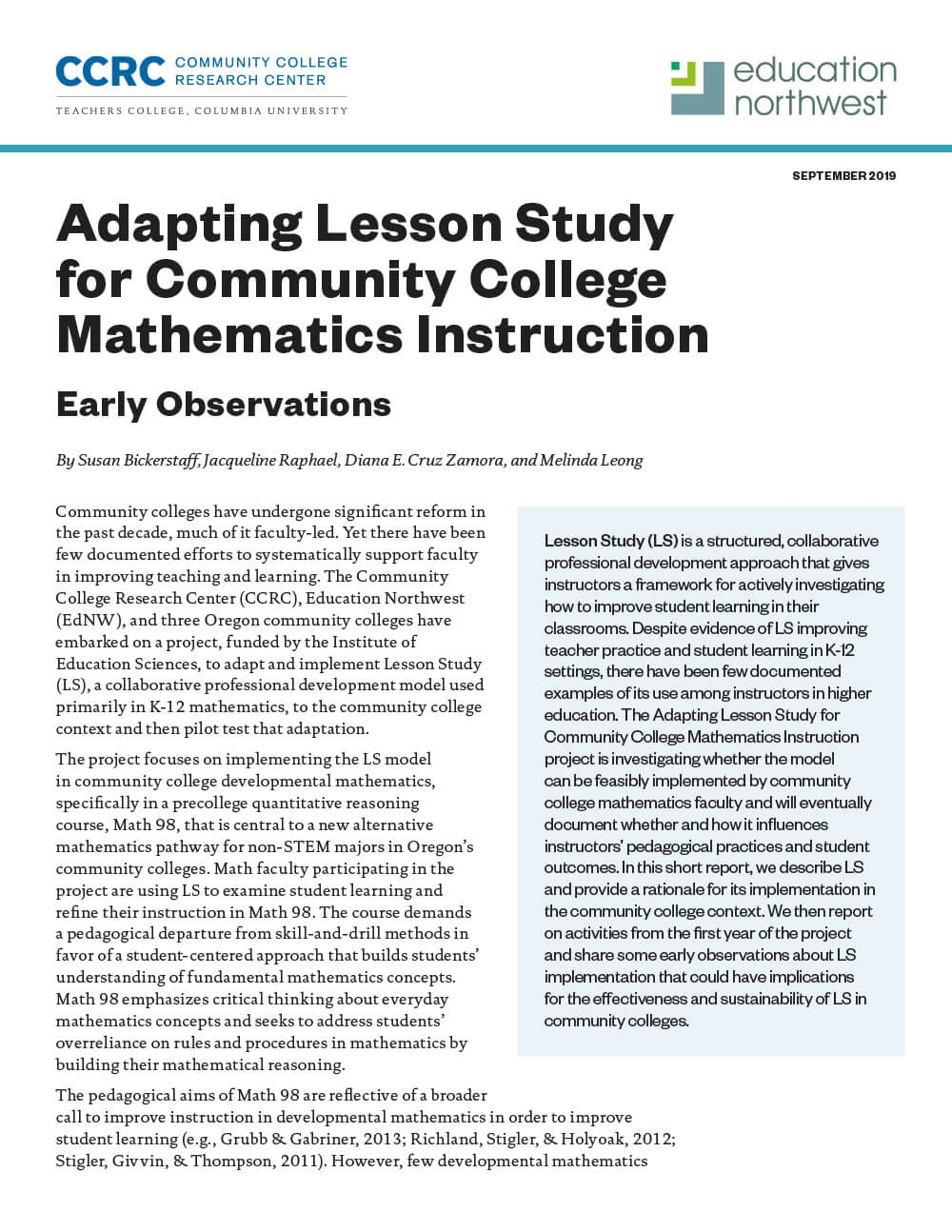 Adapting Lesson Study for Community College Mathematics Instruction: Early Observations