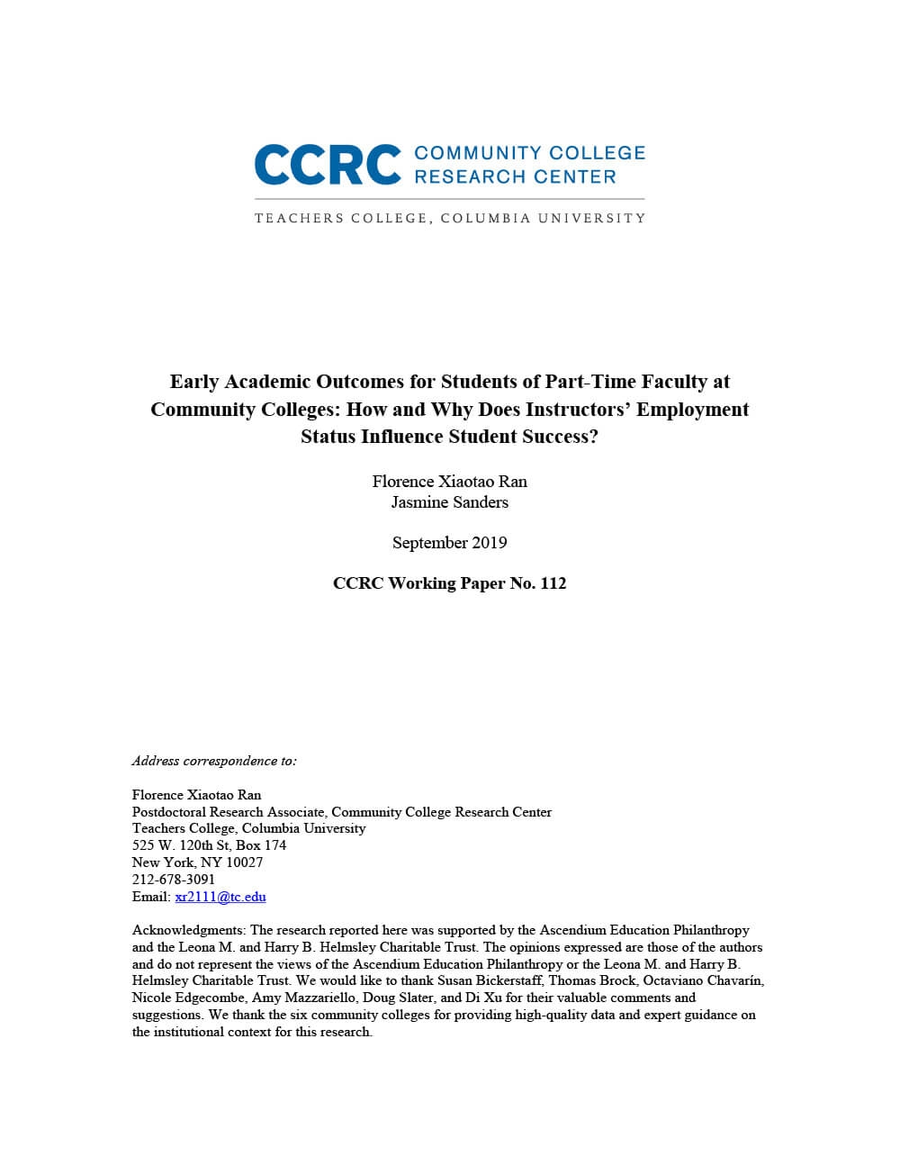 Early Academic Outcomes for Students of Part-Time Faculty at Community Colleges: How and Why Does Instructors’ Employment Status Influence Student Success?