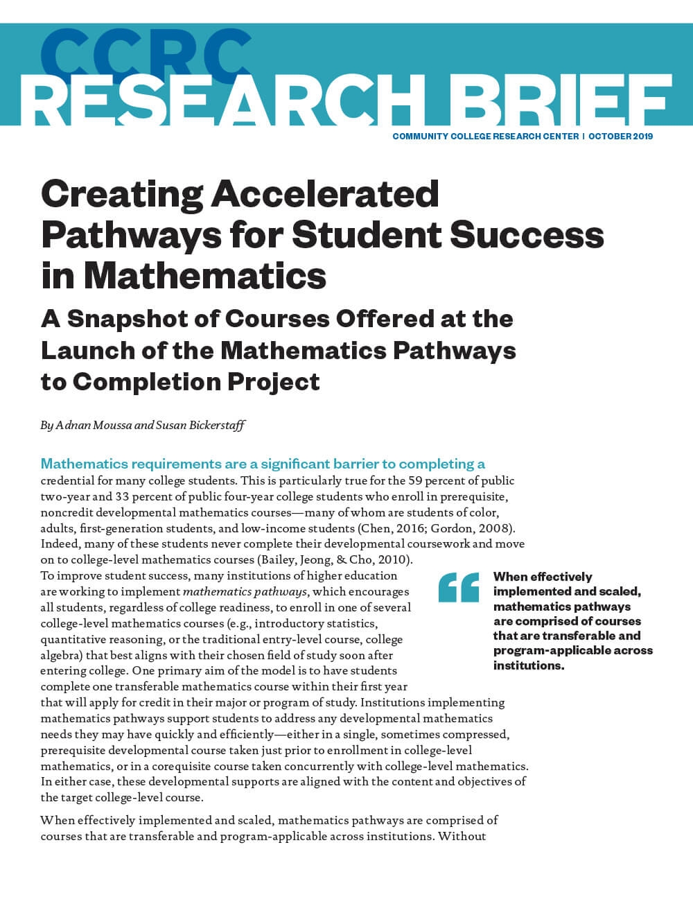 Creating Accelerated Pathways for Student Success in Mathematics: A Snapshot of Courses Offered at the Launch of the Mathematics Pathways to Completion Project