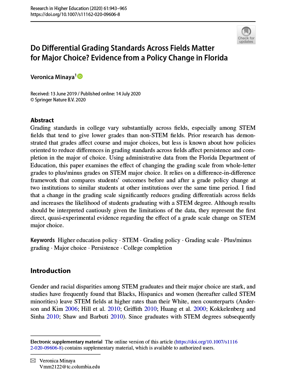 Do Differential Grading Standards Across Fields Matter for Major Choice? Evidence From a Policy Change in Florida