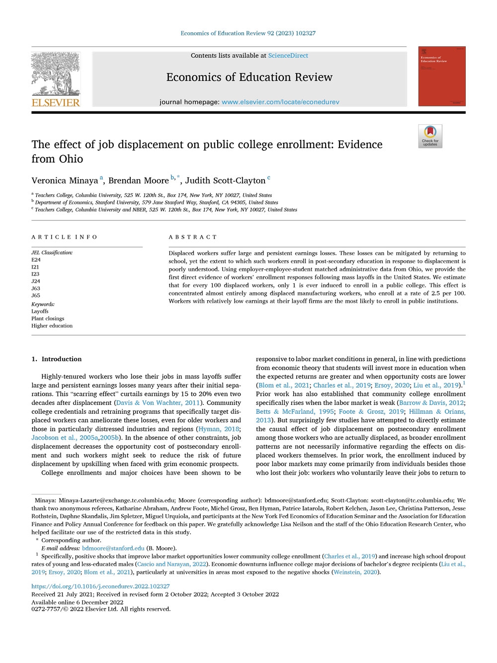 The Effect of Job Displacement on College Enrollment: Evidence From Ohio