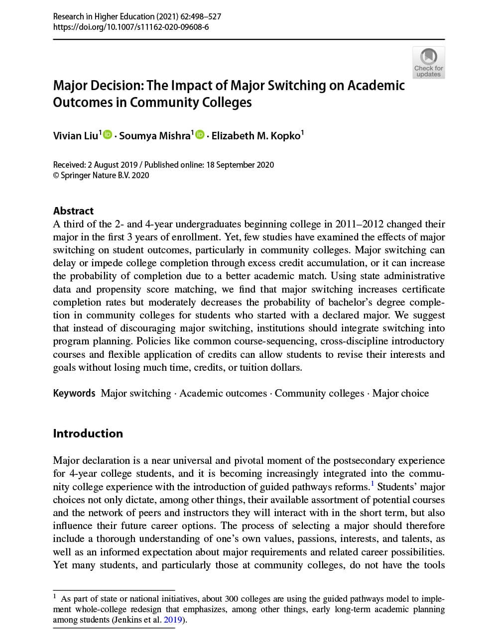 Major Decision: The Impact of Major Switching on Academic Outcomes in Community Colleges