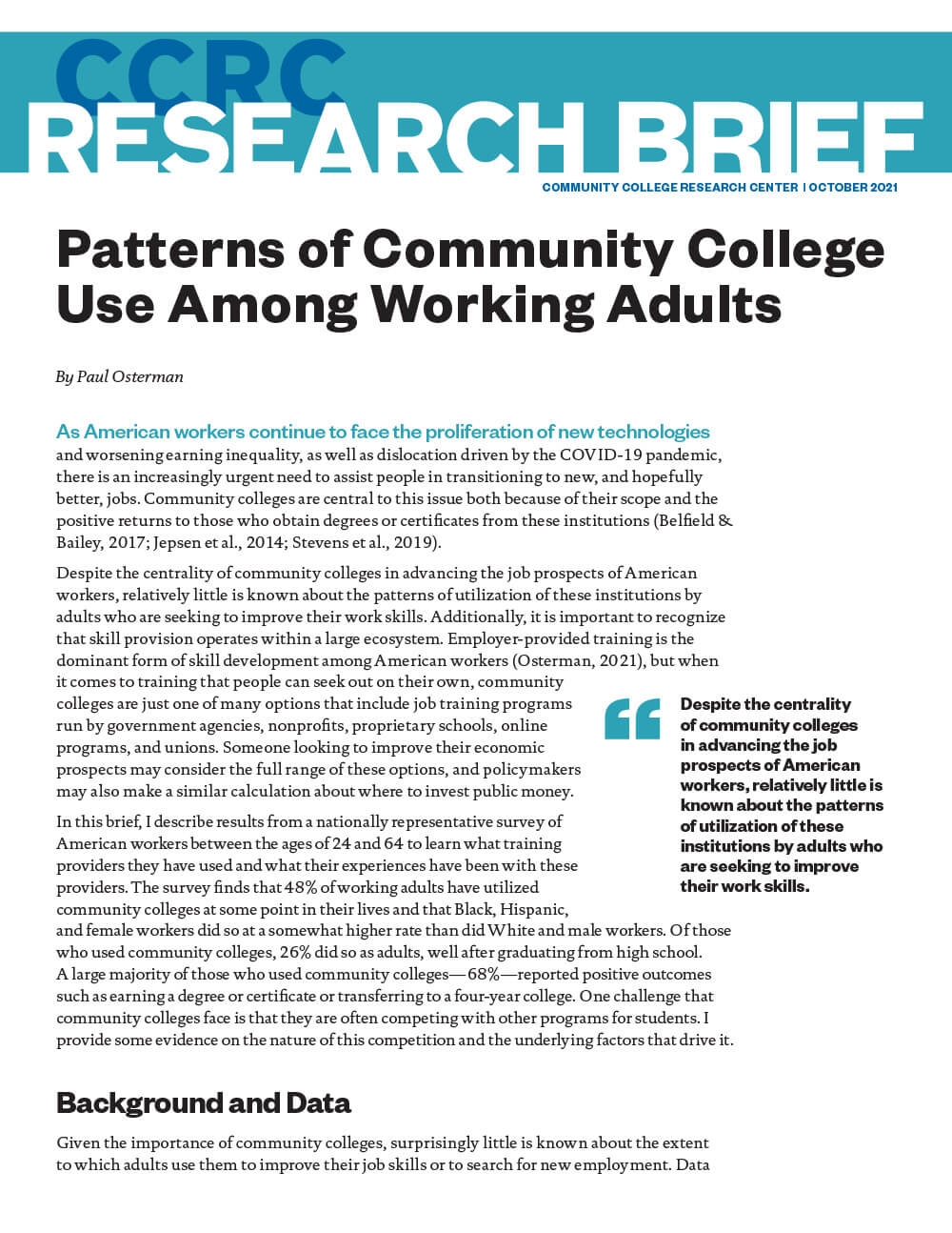 Patterns of Community College Use Among Working Adults