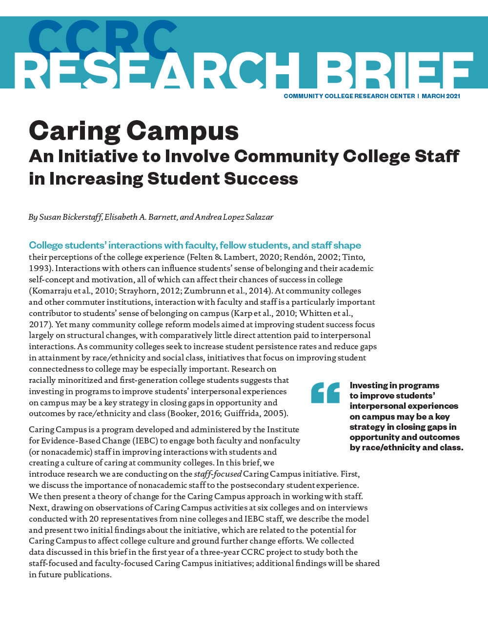 Caring Campus: An Initiative to Involve Community College Staff in Increasing Student Success