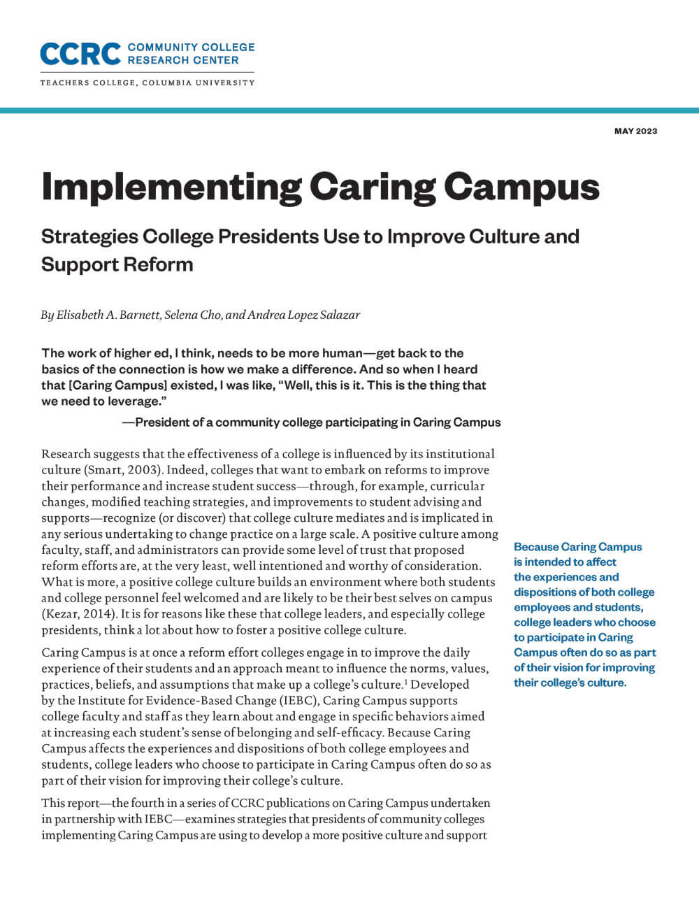 Implementing Caring Campus: Strategies College Presidents Use to Improve Culture and Support Reform