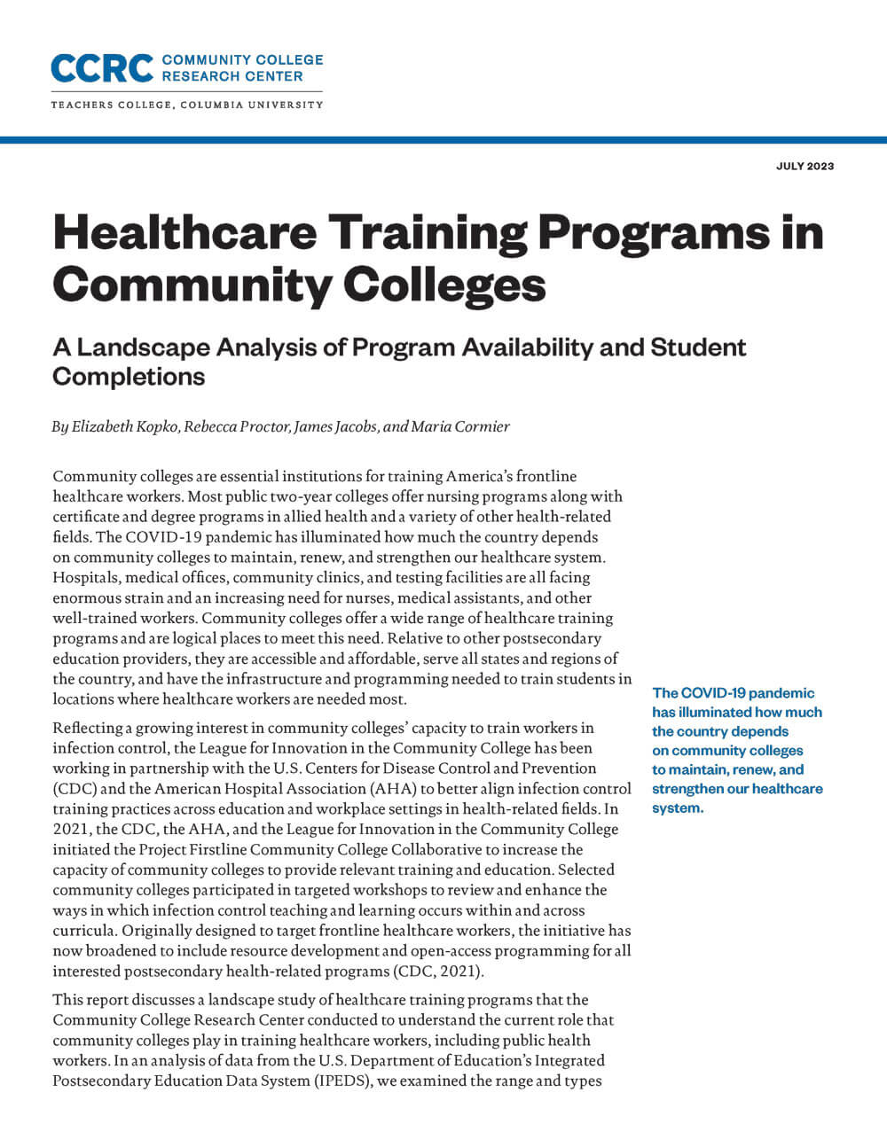 Healthcare Training Programs in Community Colleges: A Landscape Analysis of Program Availability and Student Completions