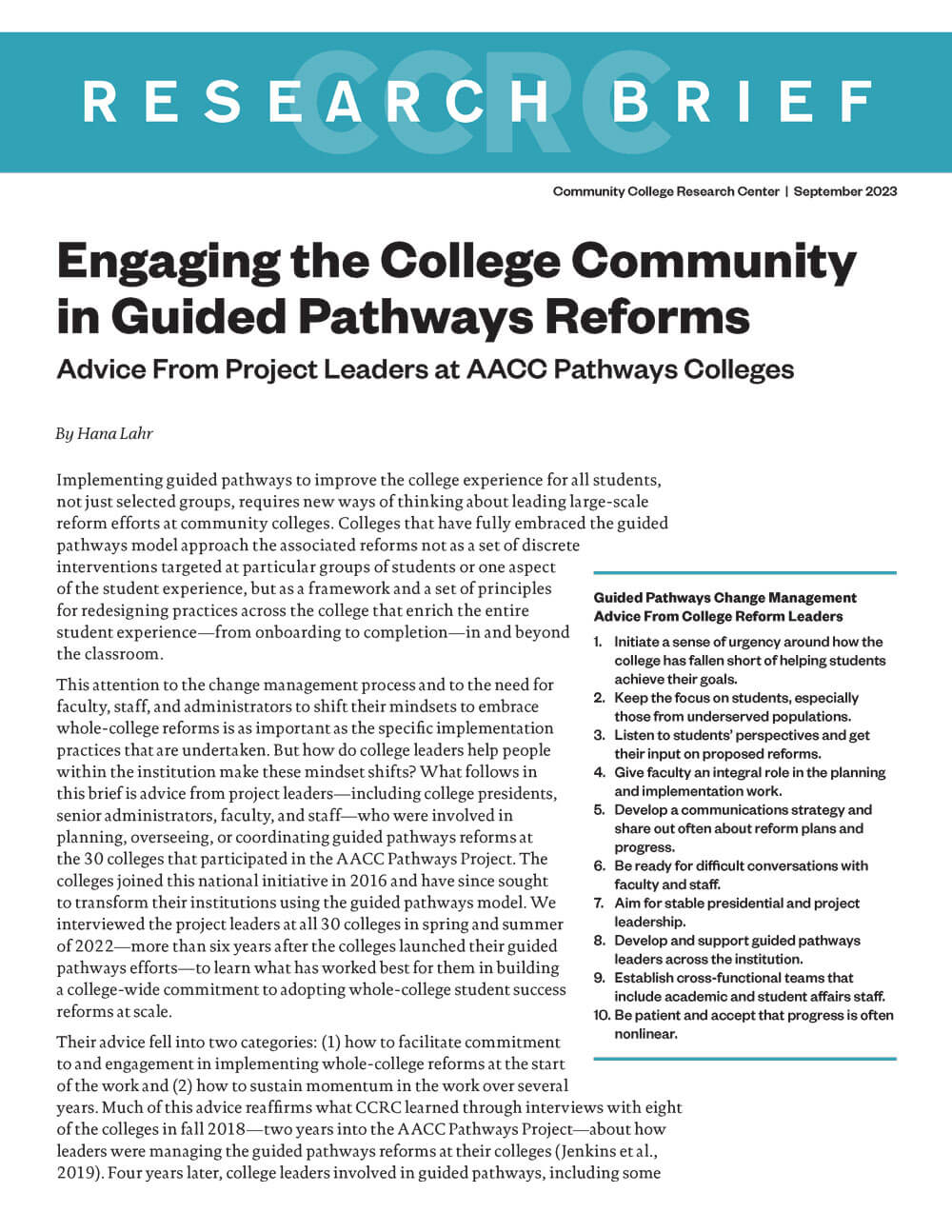 Engaging the College Community in Guided Pathways Reforms: Advice From Project Leaders at AACC Pathways Colleges