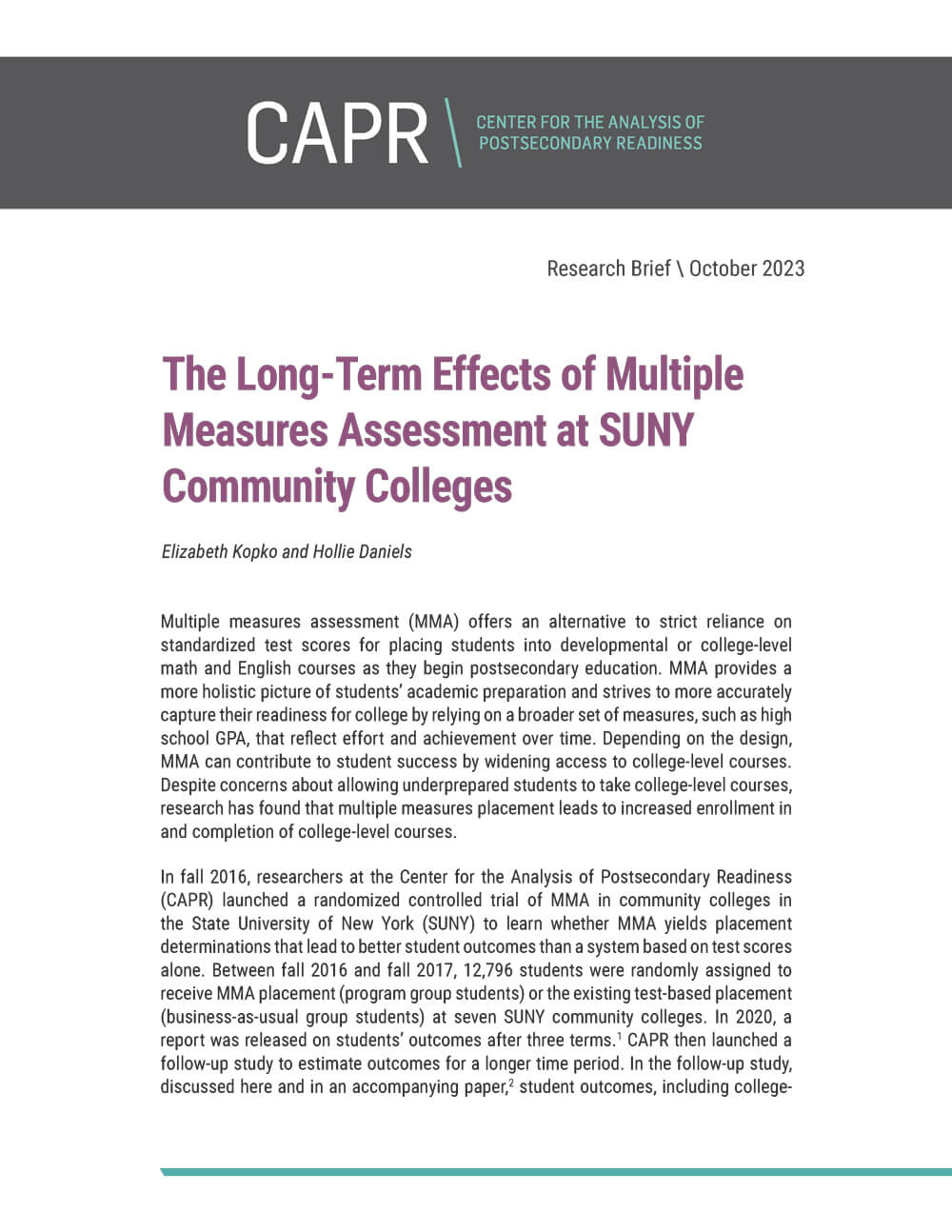 The Long-Term Effects of Multiple Measures Assessment at SUNY Community Colleges