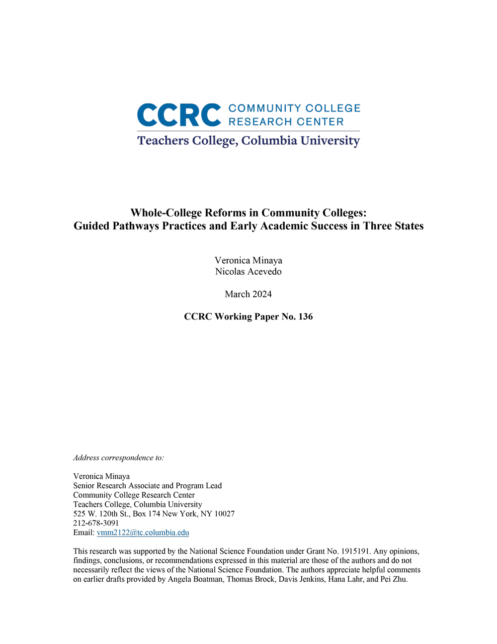 Whole-College Reforms in Community Colleges: Guided Pathways Practices and Early Academic Success in Three States