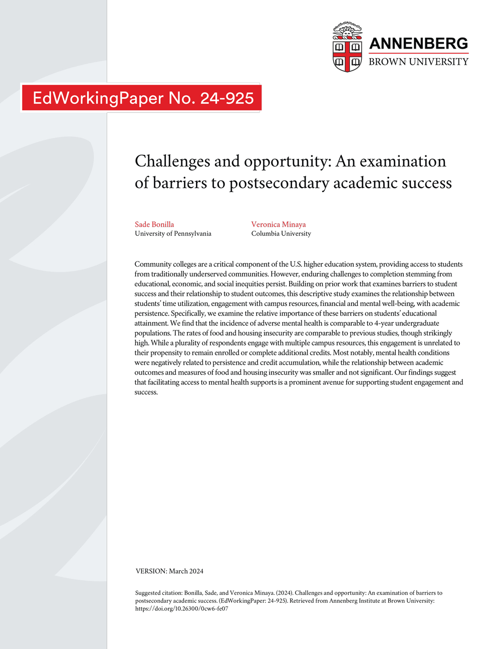 Challenges and Opportunity: An Examination of Barriers to Postsecondary Academic Success